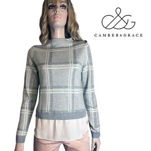 Camber & Grace Cheater Sweater Tunic Grey White Plaid Illusion Blouse Super Soft